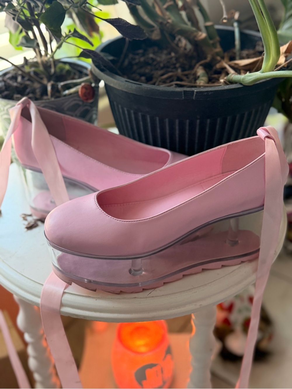 YRU Qloud Pink Platform Ballet Flats with Clear Wedge